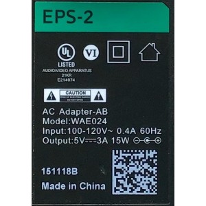 ADAPTADOR COMCAST VCA EPS-2/ NUMERO DE PARTE EPS-2 / MODELO WAE024 / 151118B / ENTRADA VCA 100-120V~50-60Hz  15W / SALIDA VCD 15V-3A 	